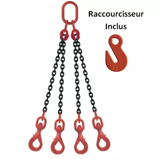 Elingue chaine - 4Brins - Crochet V/Auto à Emerillon + raccourcisseur - Longueur : 1m à 6m - CMU de 2T36 à 11T2 - Visuel 1 principal Elingue chaine - 4Brins - Crochet V/Auto à Emerillon + raccourcisseur - Longueur : 1m à 6m - CMU de 2T36 à 11T2 - Visuel 1 principal